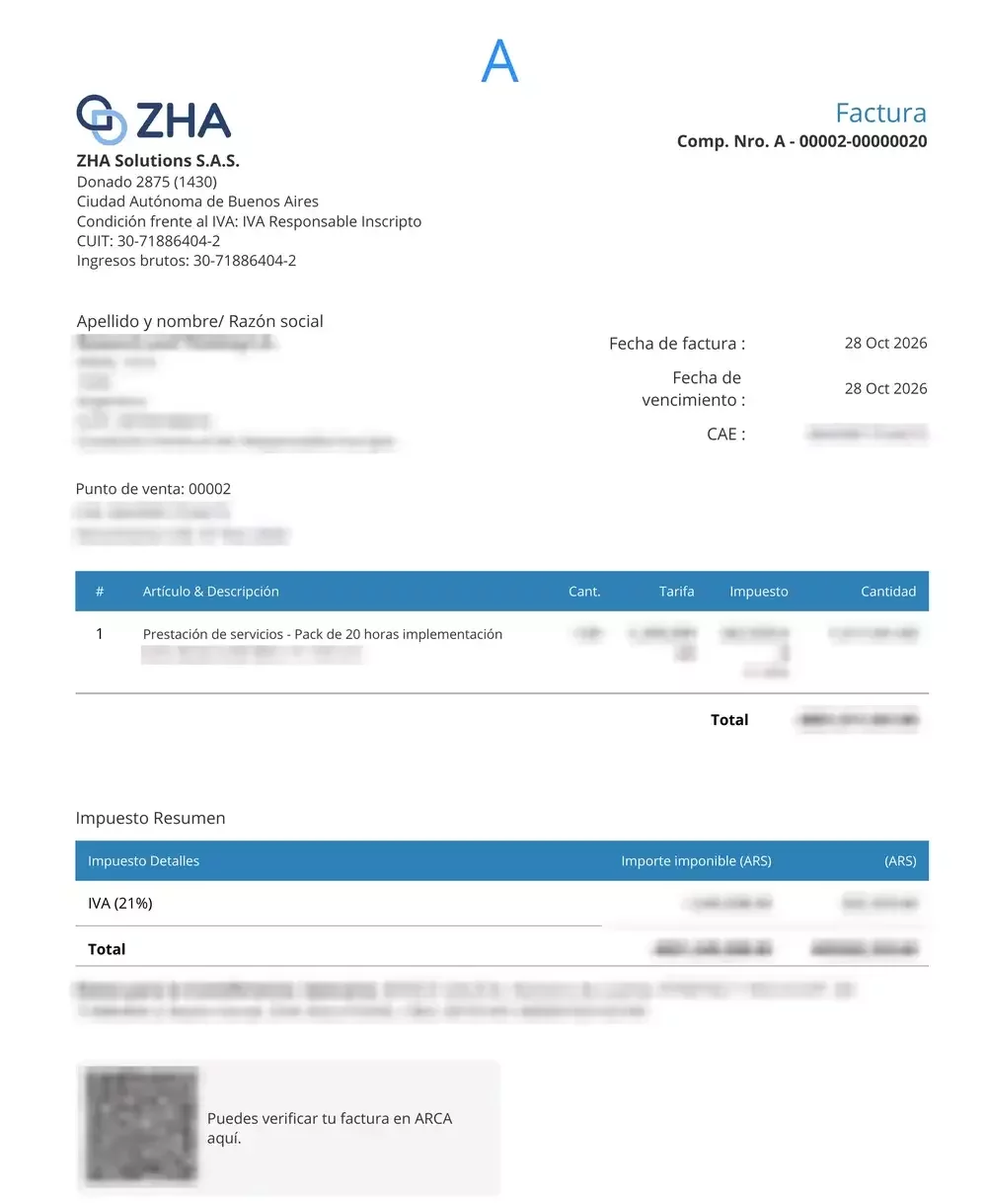 Factura A emitida desde Zoho Books con CAE de ARCA (datos del cliente ocultos)