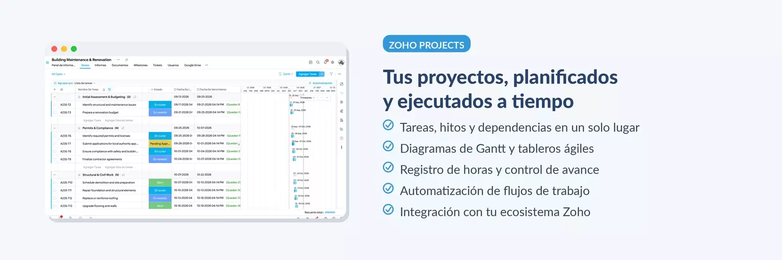 Zoho Projects, gestión de proyectos y Gantt